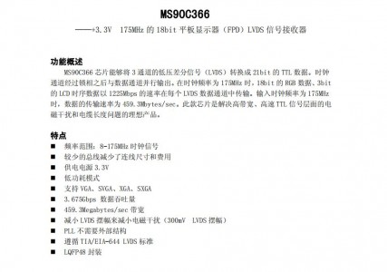 低壓差分傳輸接口芯片MS90C366 +3.3V 175MHz 18bits COLOR LVDS Receiver