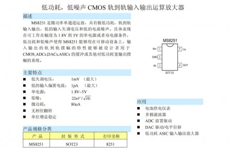 低功耗運算放大器MS8251 低功耗,低噪聲CMOS軌到軌輸入輸出運算放大器