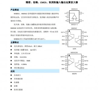 低噪聲運算放大器MS8561/8562 精密、低噪、CMOS、軌到軌輸入輸出運算放大器