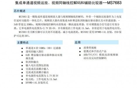 視頻驅(qū)動(dòng)放大器MS7683 集成單通道視頻運(yùn)放、視頻同軸線控解碼和輔助比較器